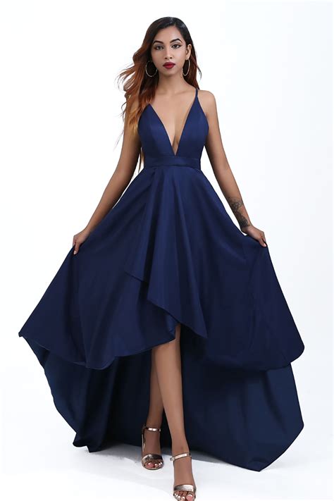 Elegant V Neck High Low Navy Blue Prom Dress Prom Dresses Blue Blue