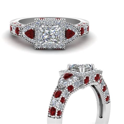 Diamond halo white gold pave engagement ring. Square Art Nouveau Halo Diamond Engagement Ring With Ruby ...
