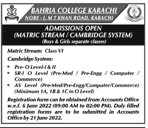 Bahria College Karachi Admissions 2022 For Matric To A Level 2024