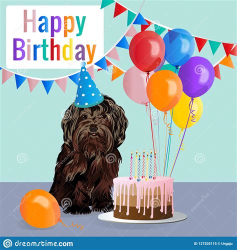 Happy Birthday Card With Funny Dog Cake Colorful Balloons Vector