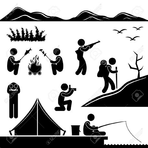jungle trekking hiking camping campfire adventure trekking pictogram stock illustration