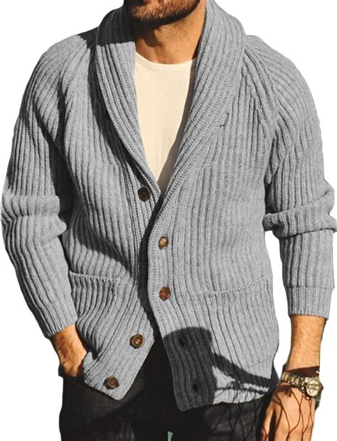 Ryannology Mens Shawl Neck Cardigan Sweater Cable Knit Zip Up Closure