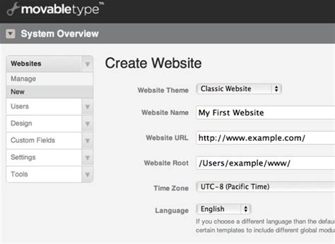 MovableType.org – MT5 Documentation: Creating and Deleting a Website
