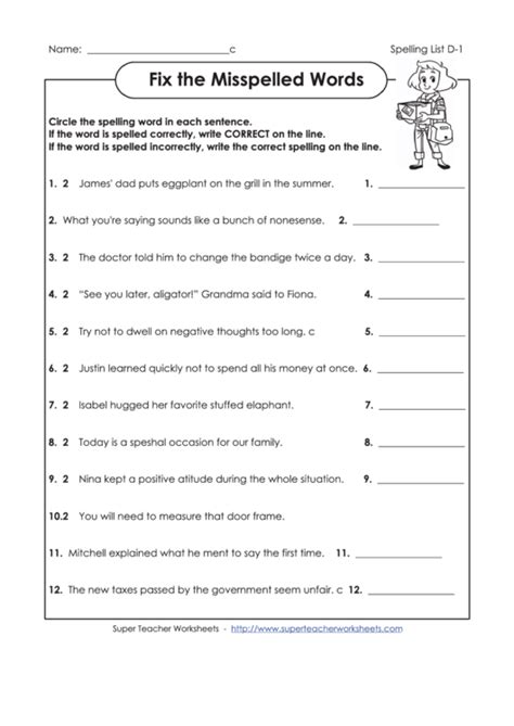 Fix The Misspelled Words Spelling Activity Sheet With Answers Printable