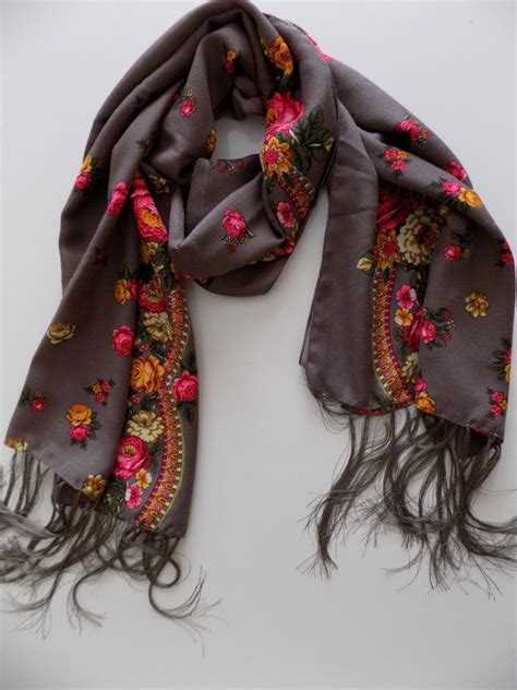 Russian Scarf Stone Brown Scarf Floral Scarf Winter Head Scarf Fringe