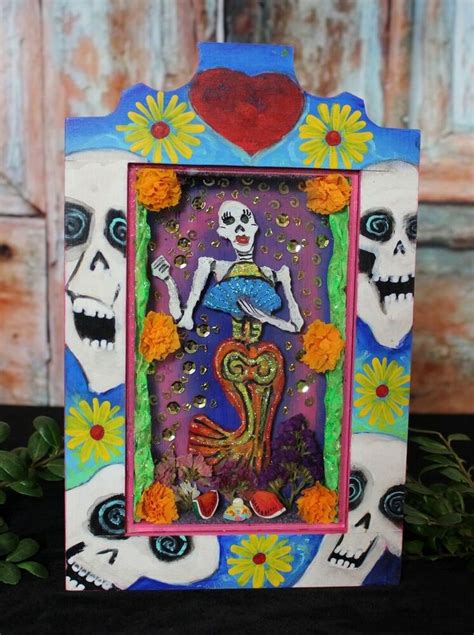 Day Of The Dead Skeleton In Evening Gown Muerto Retablo Handmade Mexico