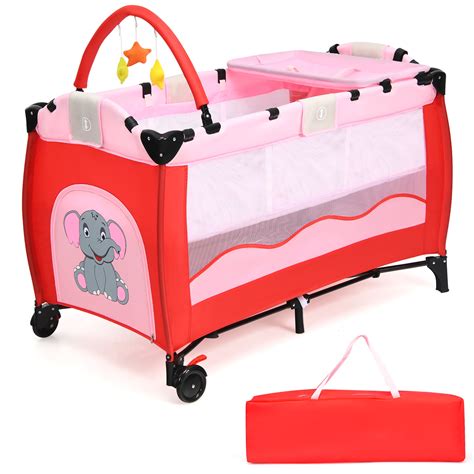 Costway Pink Baby Crib Playpen Playard Pack Travel Infant Bassinet Bed