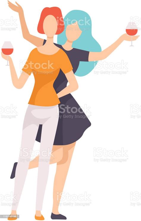 Dua Teman Wanita Cantik Minum Anggur Gadis Perayaan Bersama Ilustrasi