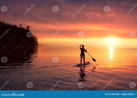 Adventurous Girl On A Paddle Board Is Paddeling In The Pacific West