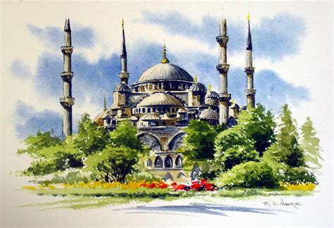 Watercolor Painting Of The Blue Mosque Richard Moore Mosque Art