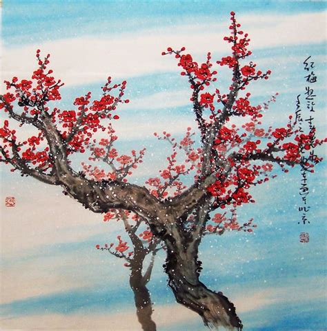 Original Painting Chinese Art Lovely Cherry Blossom Tree