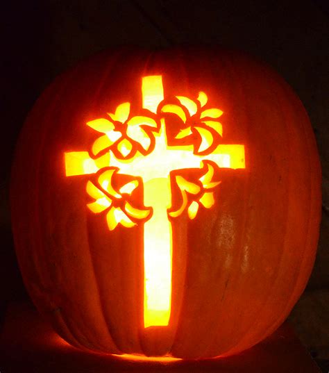 Christian Cross With Lilies Pumpkin Glow
