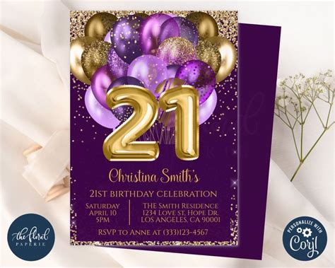 Purple Gold Glitter Birthday Balloons Invitation Printable Template