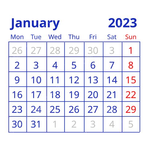 Tableau Bleu Simple Calendrier De Janvier 2023 Calendrier Simple Png