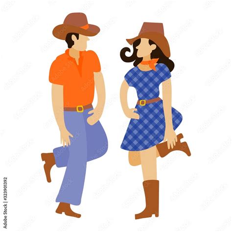 Funny Cartoon Cowboy And Cowgirl Dancing In Hats And Boots In A Flat