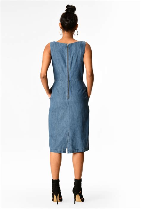 Shop Pleat Front Cotton Denim Sheath Dress Eshakti
