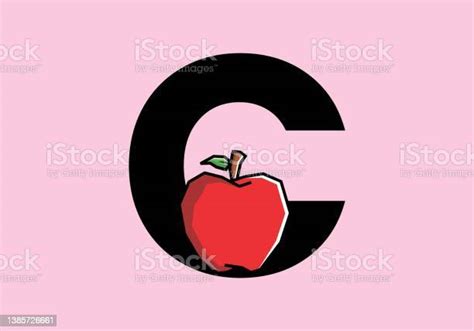 C Initial Letter With Red Apple In Stiff Art Style Stock Illustration