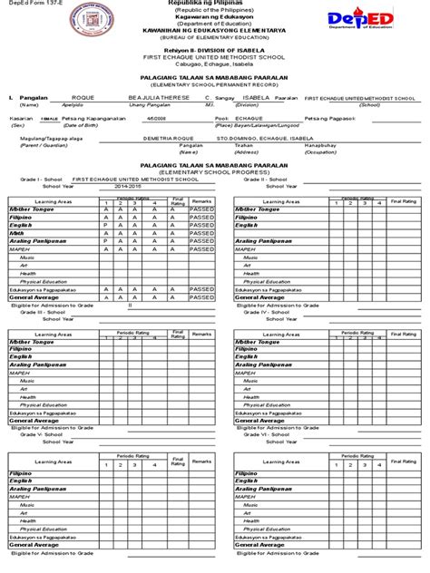 Deped Form 137 Elementary Physical Education Primary Education