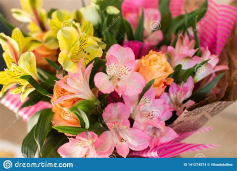 Beautiful Elegant Summer Spring Bouquet With Roses And Alstroemerias