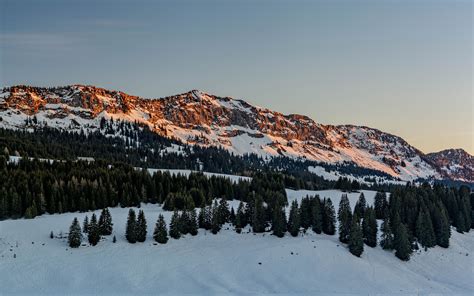 Download Wallpaper 3840x2400 Mountains Snow Trees Winter Sunset 4k