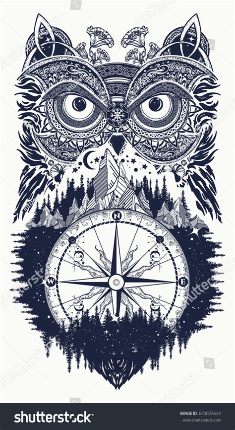 Owl Compass Tattoo Art Symbol Wisdom Stock Vector Royalty Free 670072624