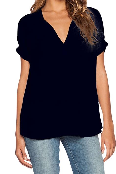 Simple V Neck Short Sleeves Asymmetrical Black Polyester Pullover