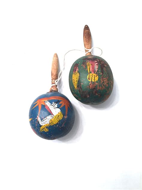 Vintage Mexican Maracas Pair Of Hand Painted Central American Gourd