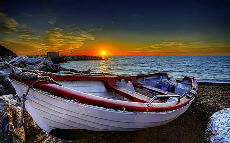 resting boat at dusk rest shore boat sunset sea hd wallpaper peakpx