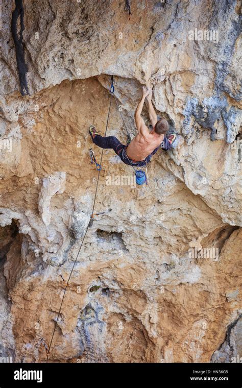 Rock Climber On Challenging Route Stock Photo Alamy