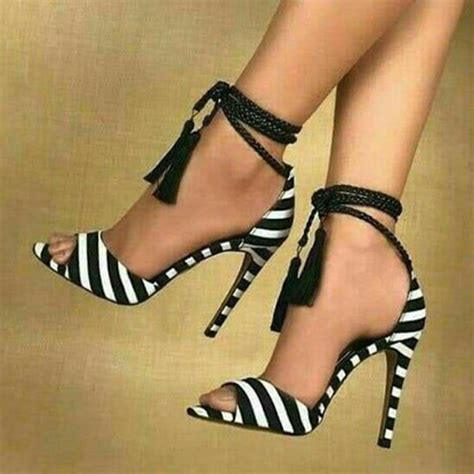 Black And White Stripe Lace Up Stiletto Heels Heels Sandals Heels