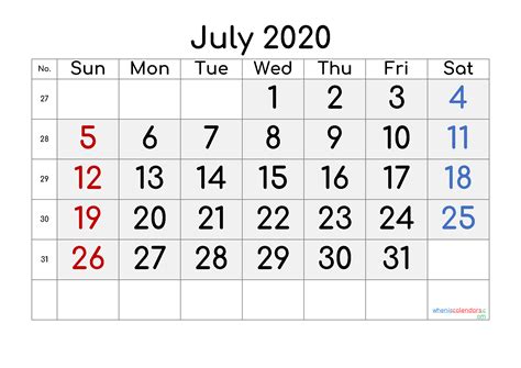 Printable July 2020 Calendar With Week Numbers