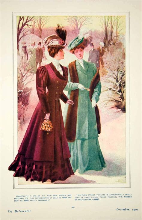 1905 Color Print Art Edwardian Women Delineator Winter Costume Broadcl