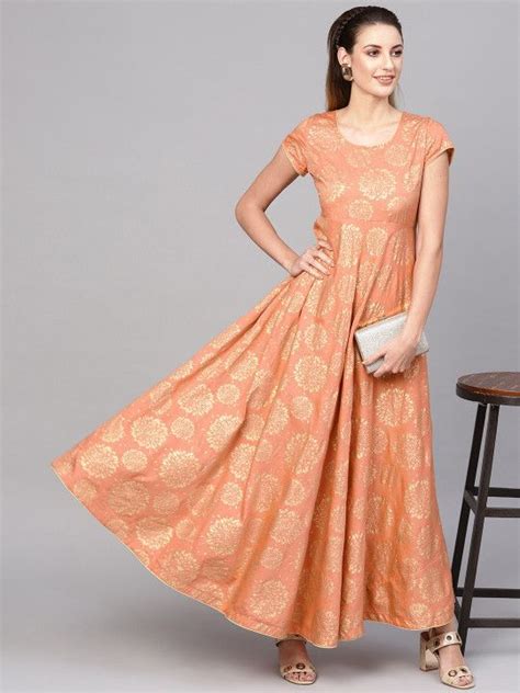 Aks Women Peach Coloured And Golden Printed Maxi Dress Printed Maxi