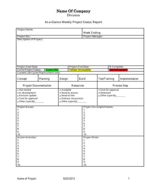At A Glance Weekly Project Status Report Template Fill Out Sign