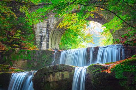 Waterfall Landscape River Waterfall In Colorful Mountain Forest With