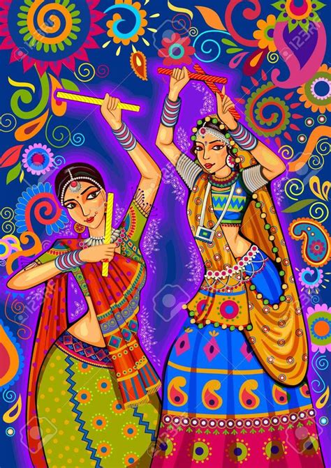 Dandiya Raas Navaratri Garba Folk Dance Garba Female Colored Sketch