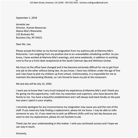 Printable Sample Resignation Letter Due To A Schedule Conflict