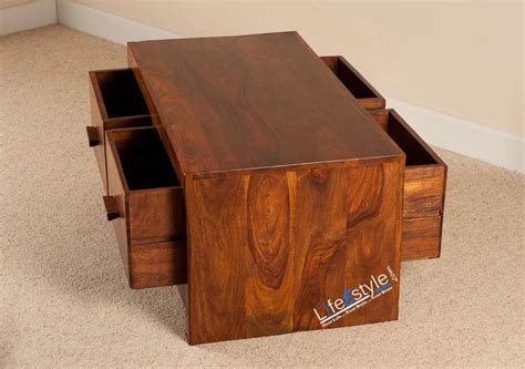 Handcrafted Sheesham Wood Coffee Table With 4 Drawers By Pawan Fine