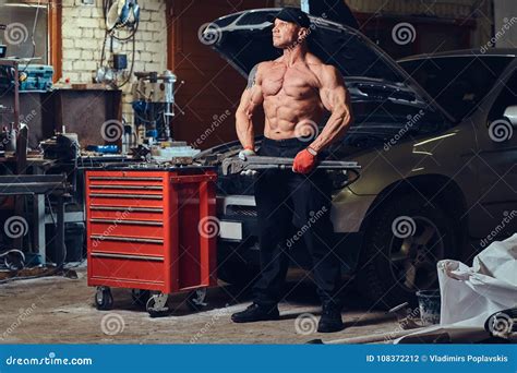 Shirtless Mechanic In A Garage Stock Photo Image Of Automobile Muscle