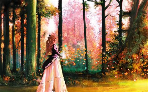 Art Pictures Forest Girl Trees Magic Colorful
