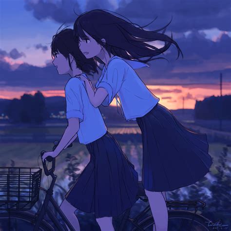 Wallpaper Anime Girls Bicycle Sunset Dark Hair School Uniform