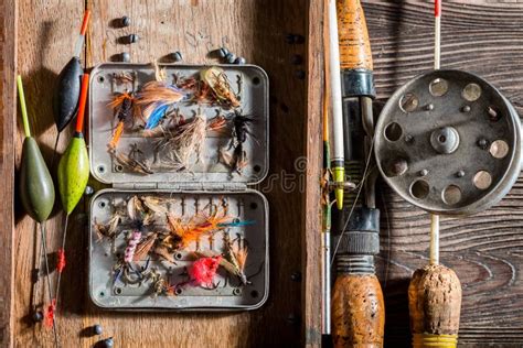 Closeup Of Vintage Fishing Tackle With Net And Rods Stock Image Image
