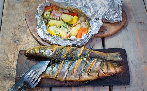 Big Green Egg Smoked Sea Bass With Steamed Vegetables