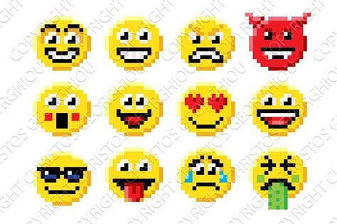 Pixelated Emoticons With Different Expressions And Faces On Them All