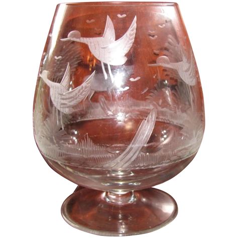 Antique Engraved Clear Bohemian Glass Brandy Stag And Birds Extra Large