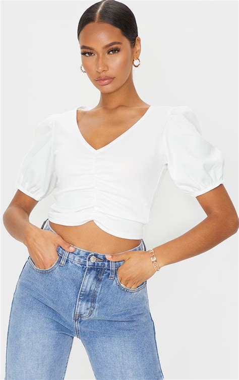 White Woven Puff Sleeve Crop Top Tops Prettylittlething Usa