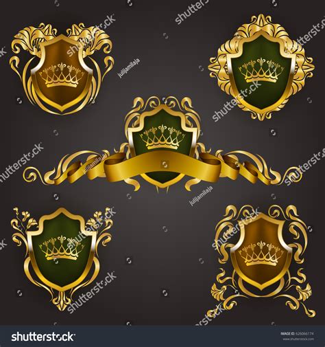 Set Golden Royal Shields Floral Elements Stock Vector Royalty Free