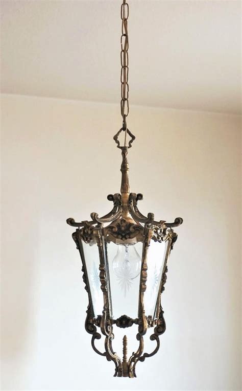 Iron craftsmanship with antique finish. French Art Deco Bronze Cut Glass Six-Sided Lantern, Hall ...