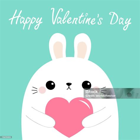 Happy Valentines Day White Rabbit Hare Puppy Head Face Holding Pink