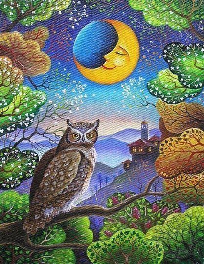 Pin By Dakota On Noches Estrelladas Owl Painting Bird Art Moon Art